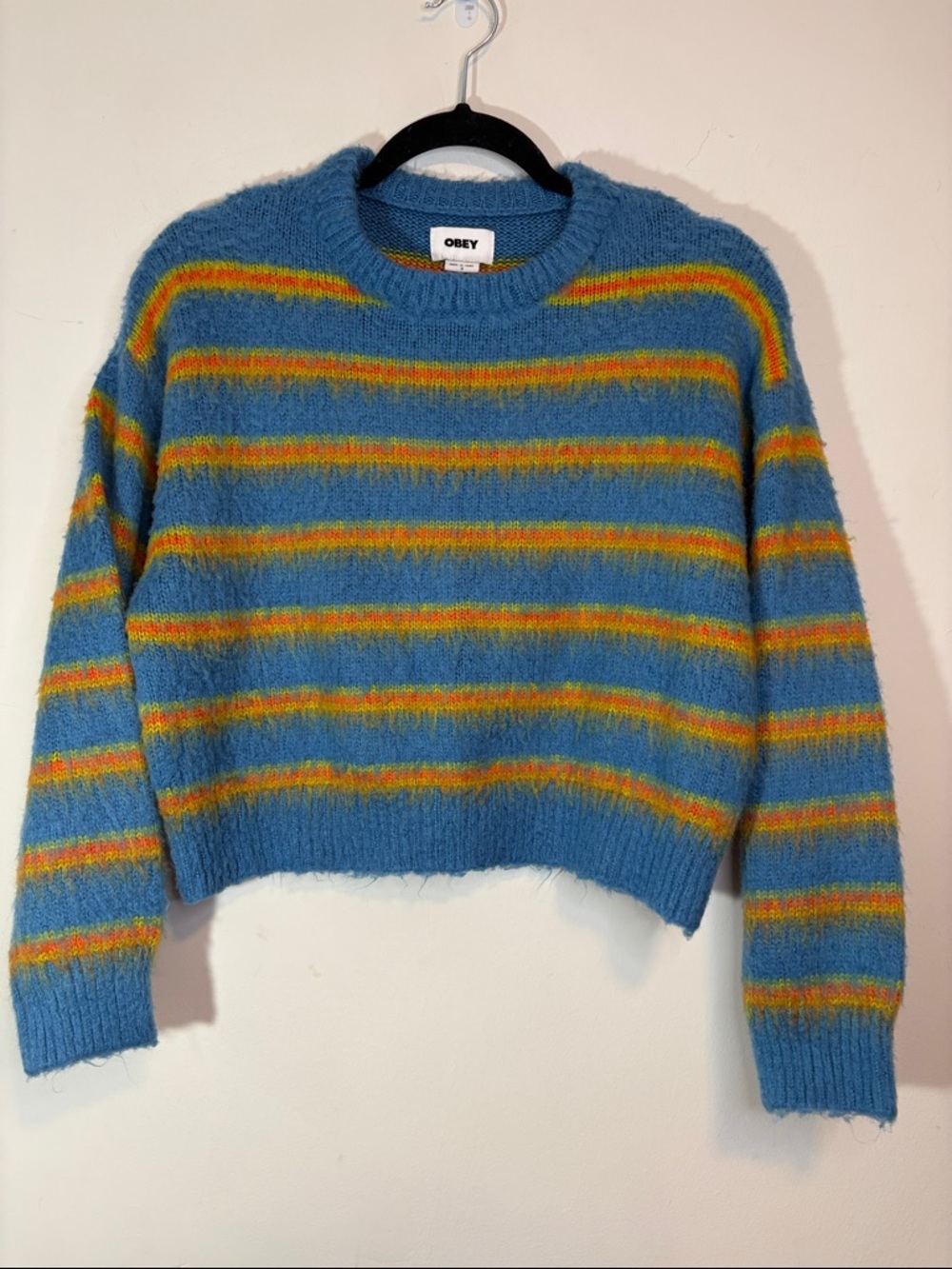 OBEY Atlantic Blue Multi Delilah Fuzzy Citrus Stripe Sweater Yellow Orange Green